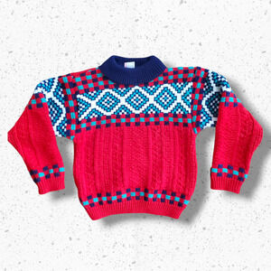 VTG 90s Kids Red and Multicolored Geometric Pattern Sweater Sz Youth 6